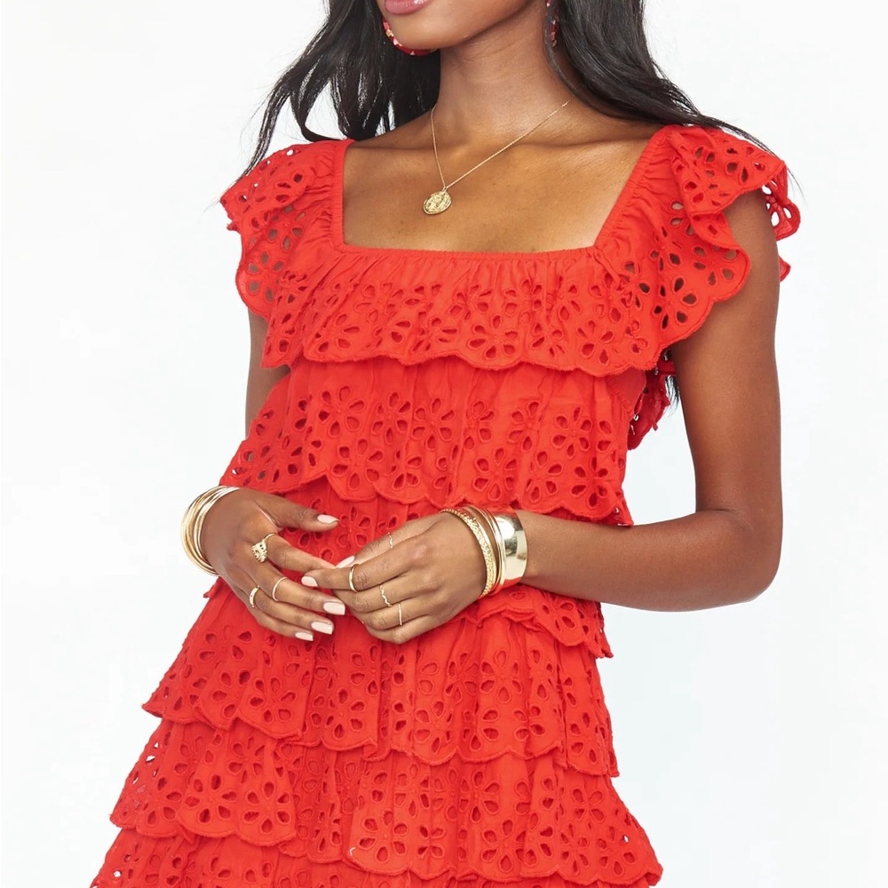 Show Me Your Mumu Red Eyelet Ruffle Dress - small